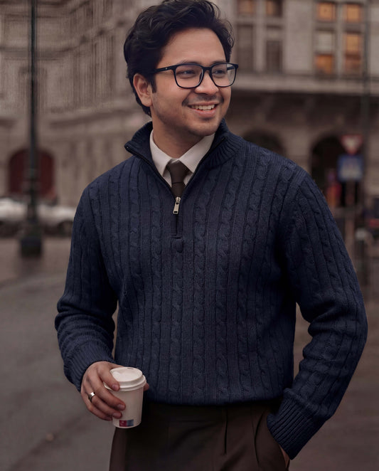 Office Navy High Neck Quarter Zipper Sweater - New Arrival