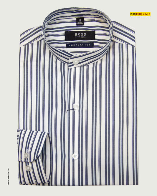 Black & White Band Collar Stripe Fullsleve Shirt