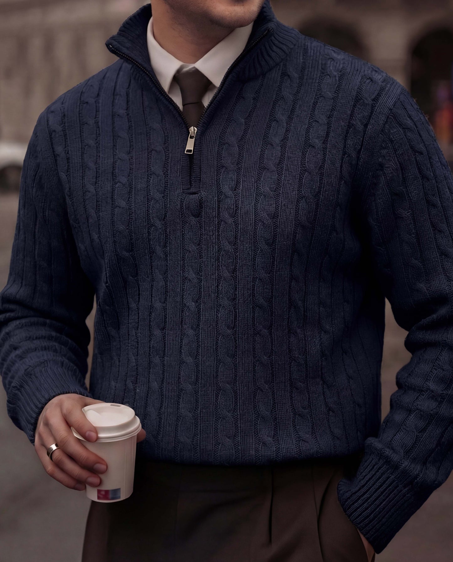 Office Navy High Neck Quarter Zipper Sweater - New Arrival