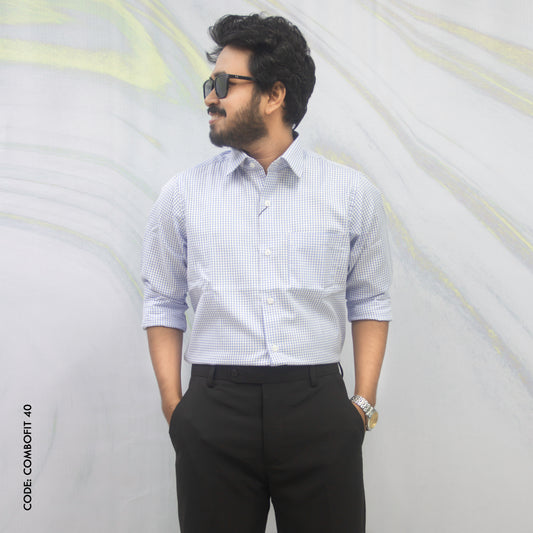 Sky & White Grameen Check and Zed Black Formal Pant: Outfit Combo