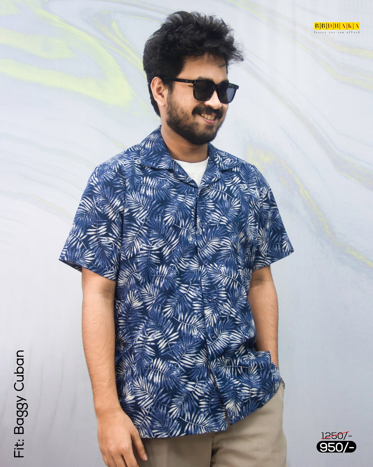 Navy Floral Half Sleeve Cuban : Baggy Fit