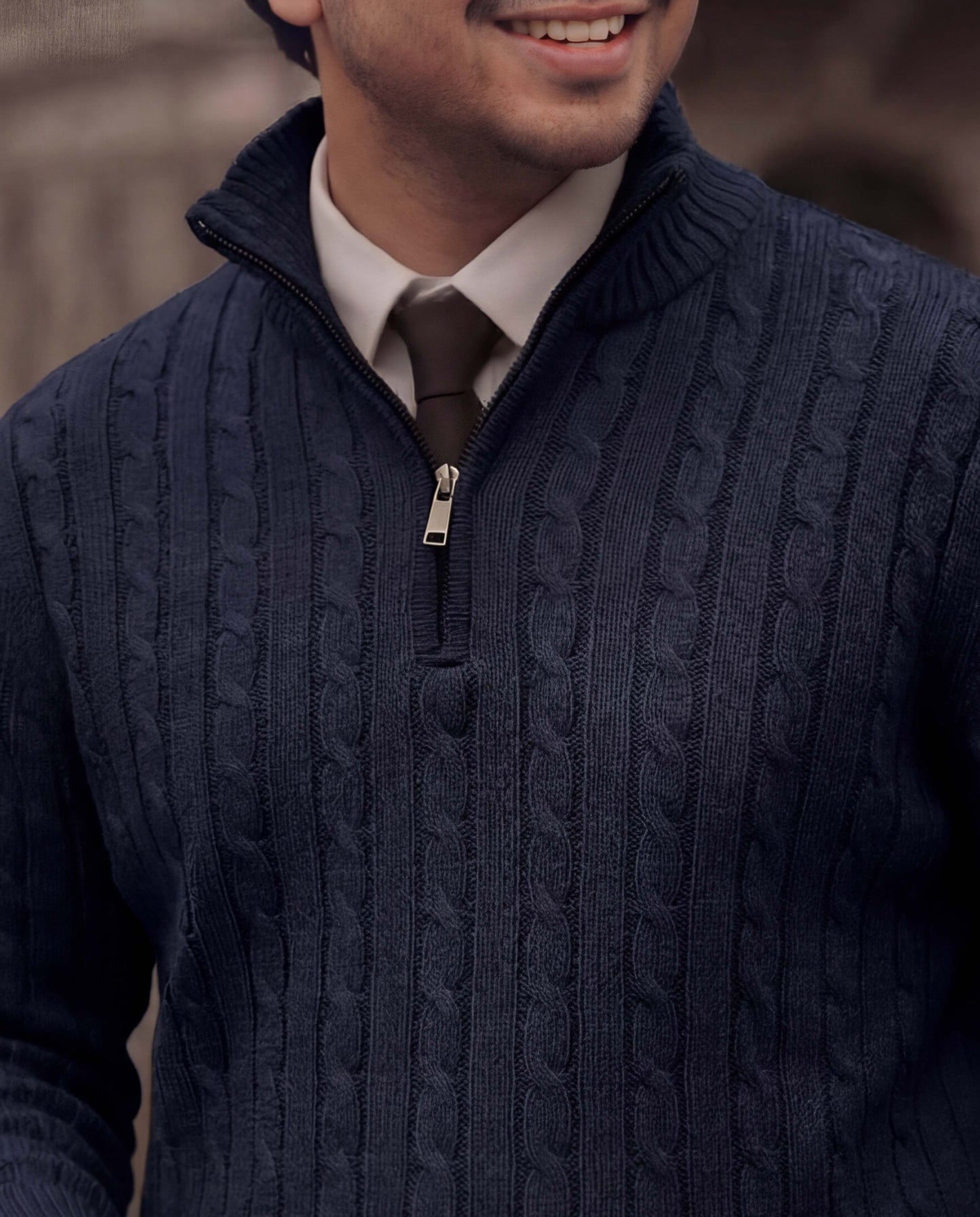 Office Navy High Neck Quarter Zipper Sweater - New Arrival