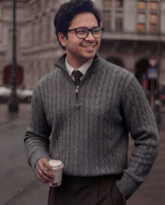 Grey Ash High Neck Quarter Zipper Sweater - New Arrival