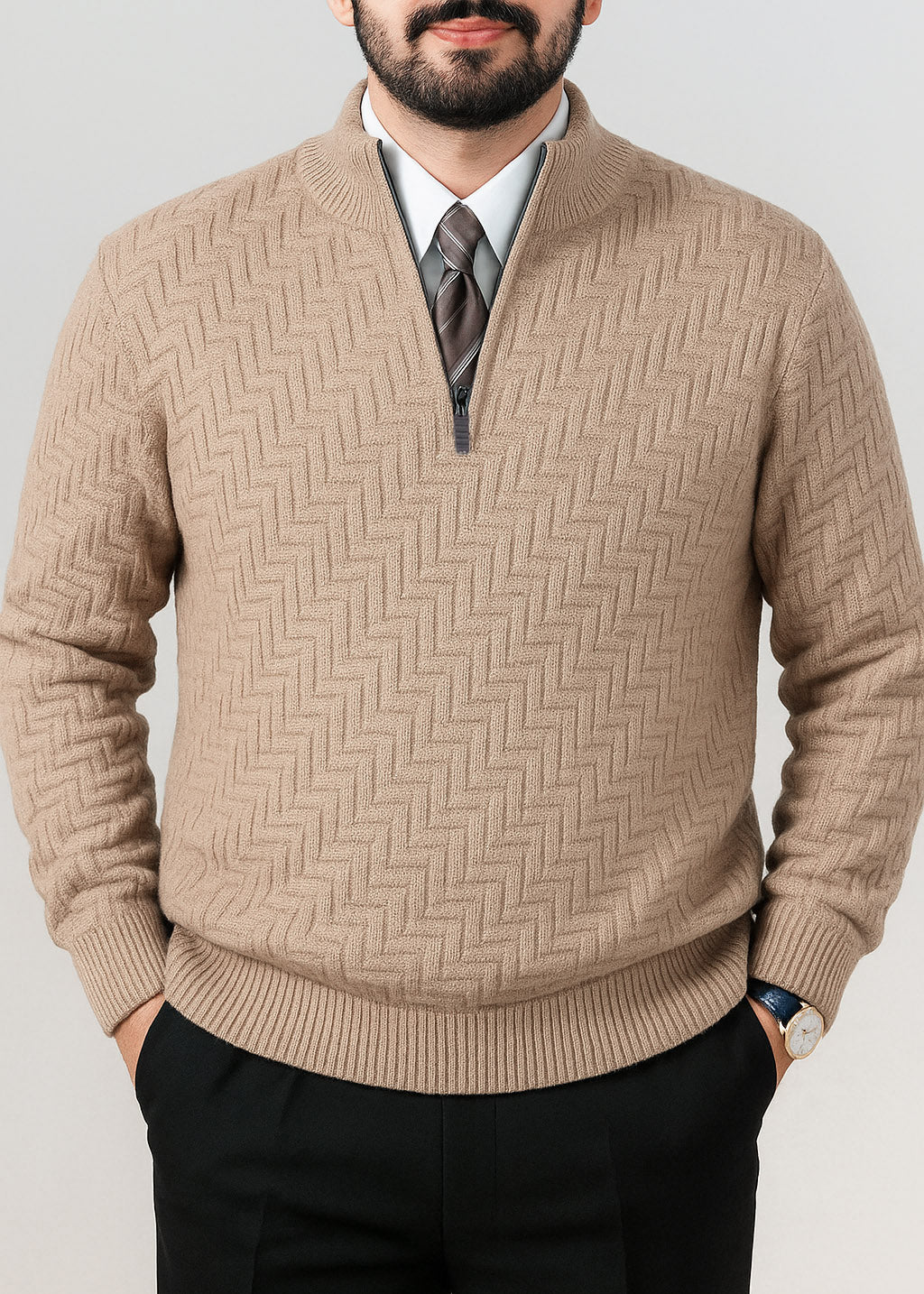Beige Brown Quarter Zipper Sweater (TOP SELLING)