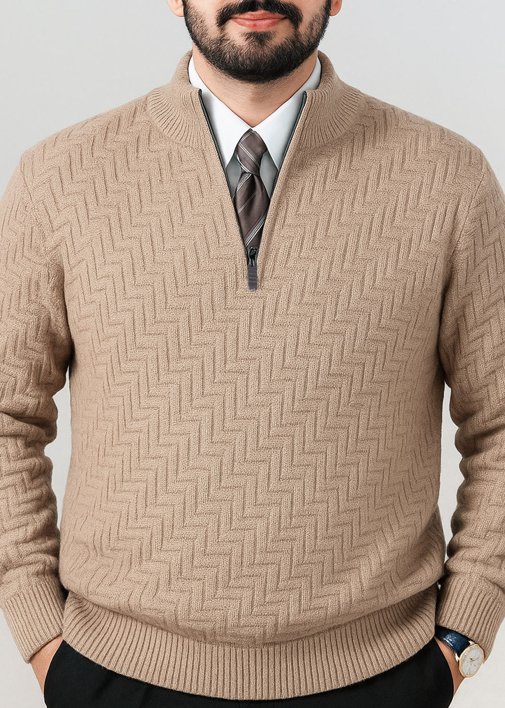 Beige Brown Quarter Zipper Sweater (TOP SELLING)