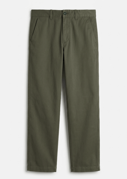 Olive Green Twill Cotton Chinos - Relaxed Fit