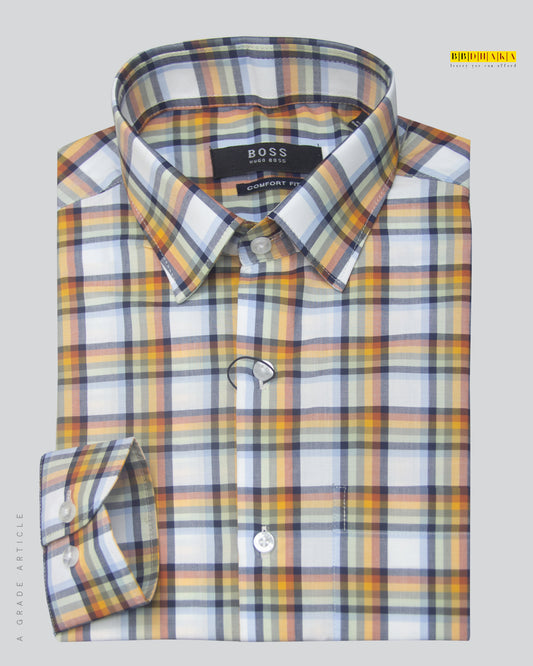 White with Yellowish Plaid Full Sleeve Check Shirt