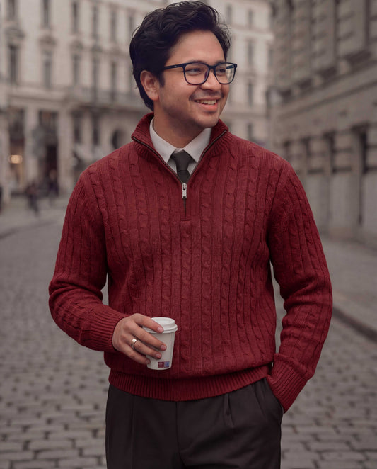 Red Maroon High Neck Quarter Zipper Sweater - New Arrival