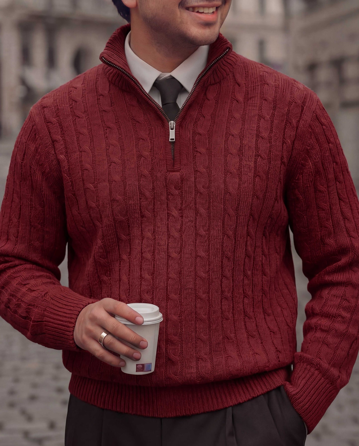 Red Maroon High Neck Quarter Zipper Sweater - New Arrival