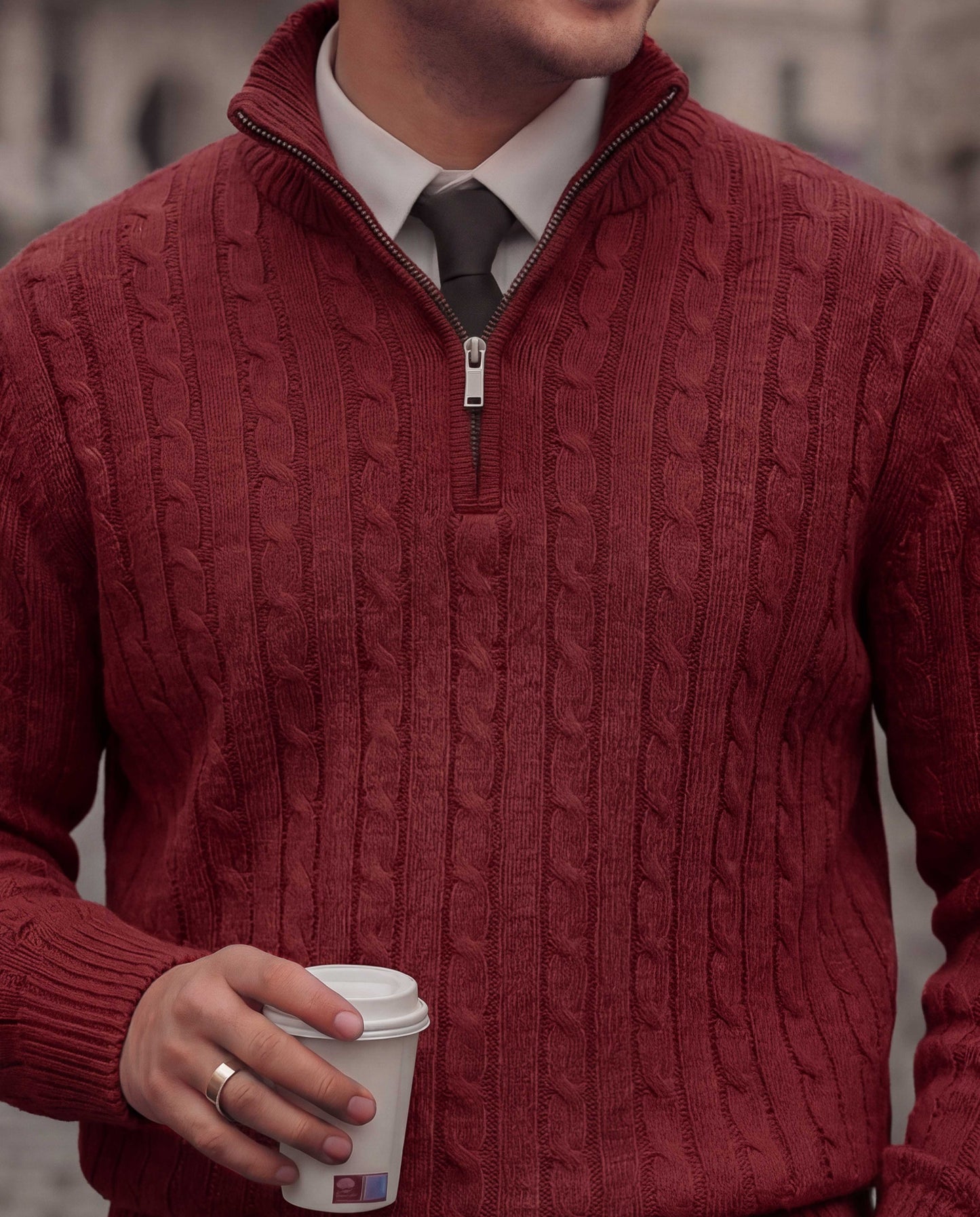 Red Maroon High Neck Quarter Zipper Sweater - New Arrival