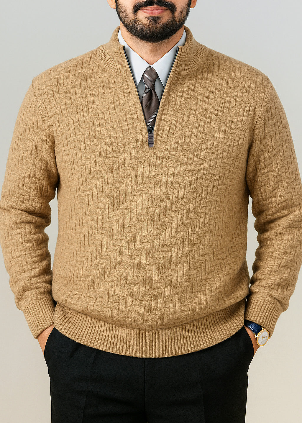 Camel Brown Quarter Zipper Sweater (TOP SELLING)