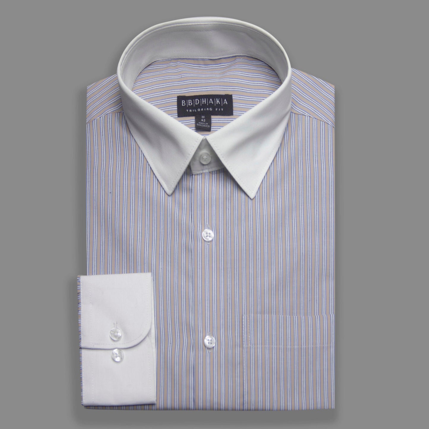 White Collar Cuff Formal Shirt : Light Brown Stripe - Product Code: 15004
