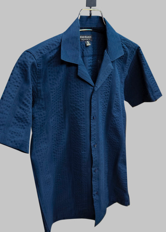 Navy Pattern Stripe Half Sleeve Cuban Shirt - New Arrival