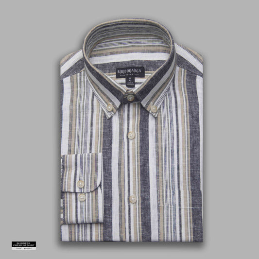 Beige & Ash Horizontal Stripe Button-Down Shirt - Remi Cotton