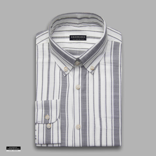 Beige White & Ash Horizontal Stripe Button-Down Shirt - Fancy Cotton