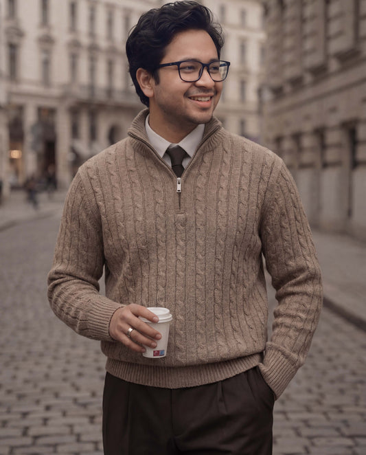 Brown High Neck Quarter Zipper Sweater - New Arrival