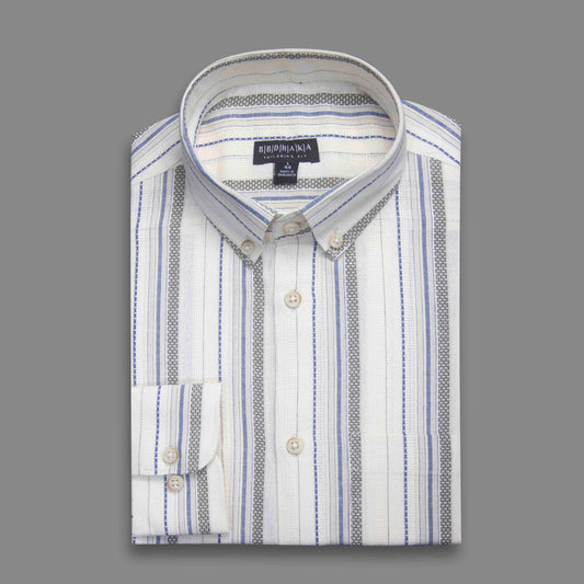 Beige Grey & Blue Horizontal Stripe Button-Down Shirt - Yarn Work