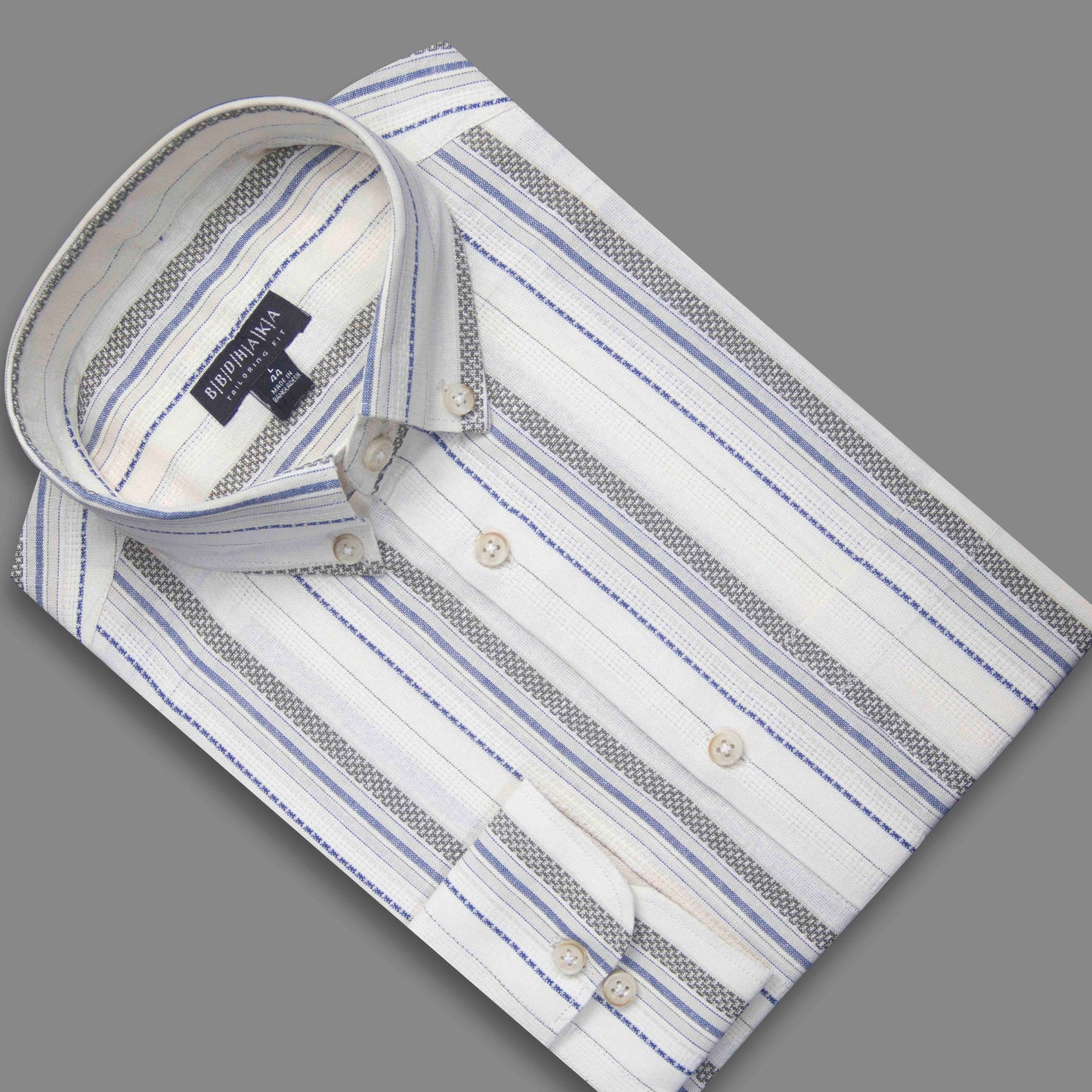 Beige Grey & Blue Horizontal Stripe Button-Down Shirt - Yarn Work