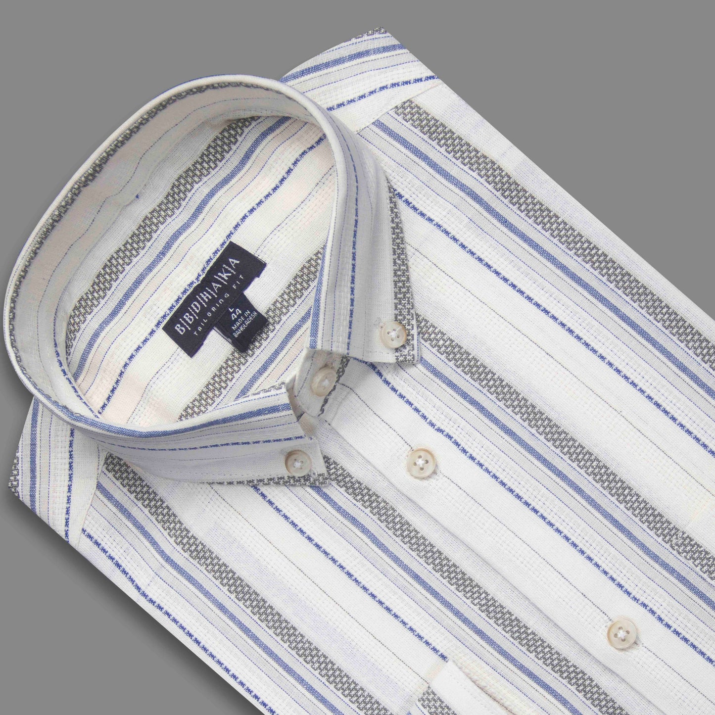 Beige Grey & Blue Horizontal Stripe Button-Down Shirt - Yarn Work