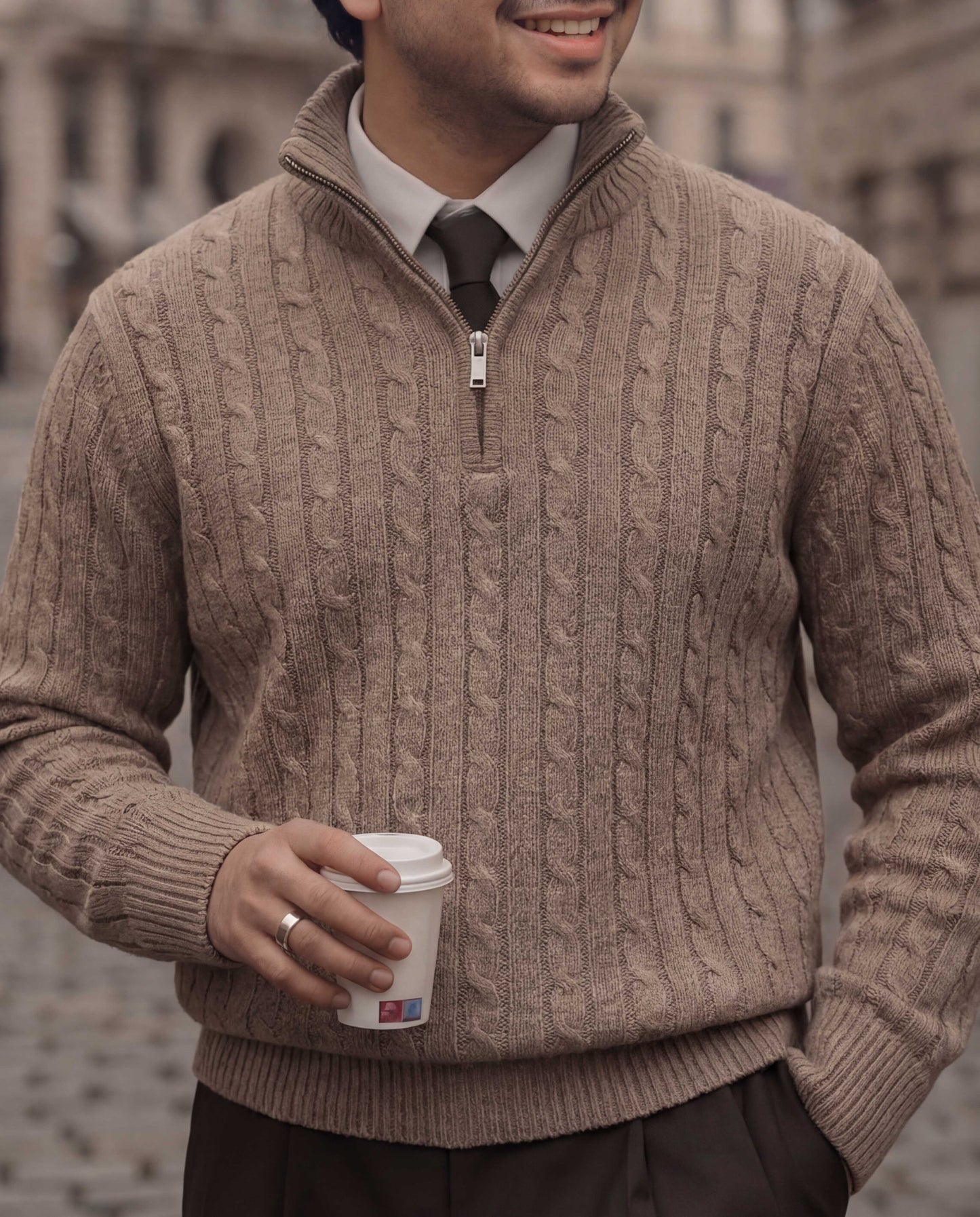 Brown High Neck Quarter Zipper Sweater - New Arrival