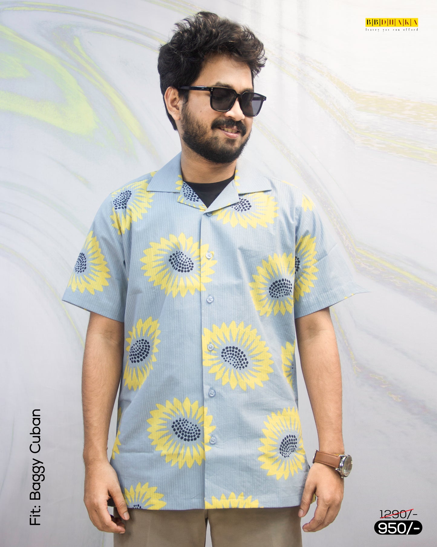 Sun Flower Print Half Sleeve Cuban : Baggy Fit