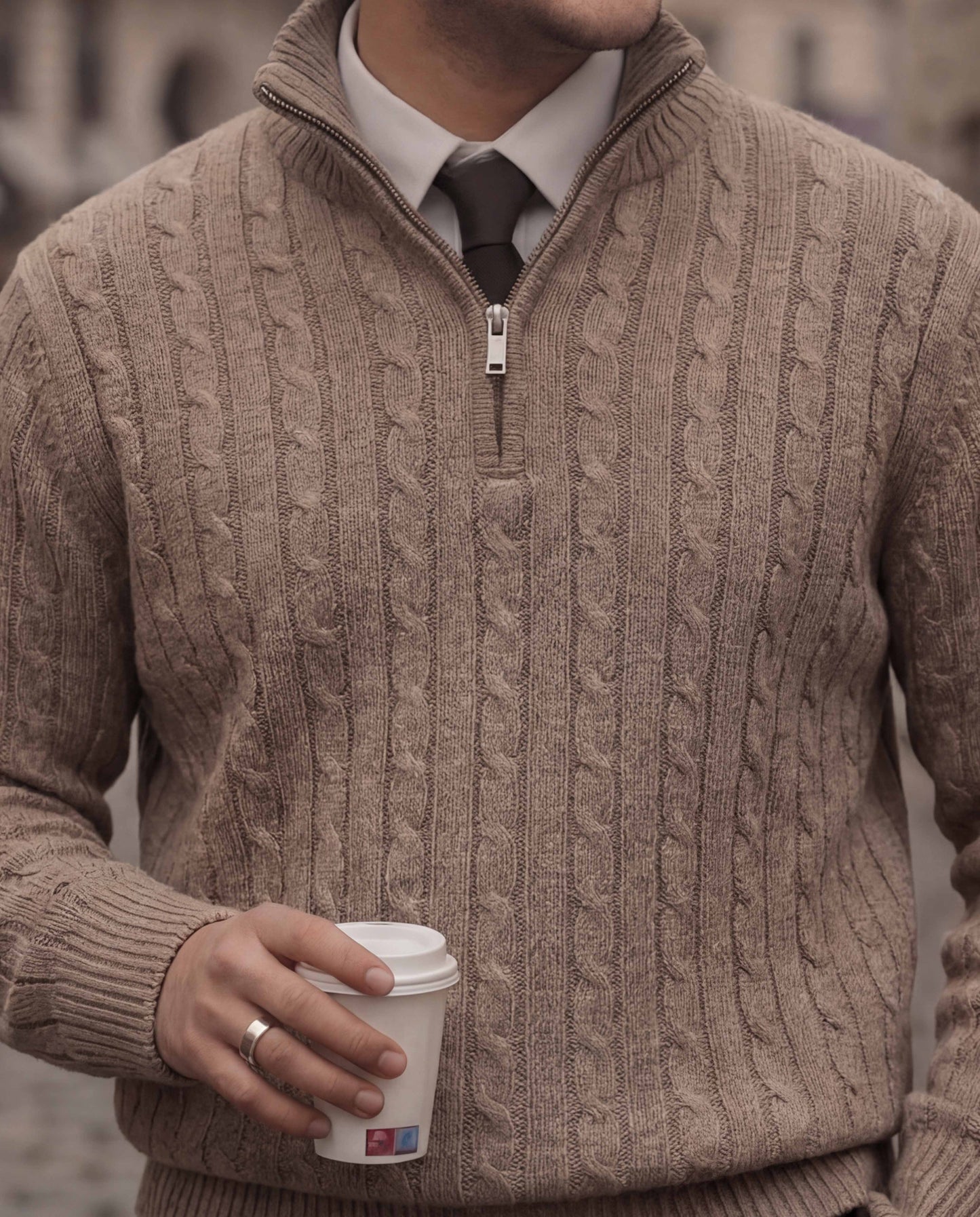 Brown High Neck Quarter Zipper Sweater - New Arrival