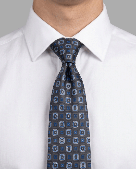Charcoal Black, Royal Blue & White Medallion Tie