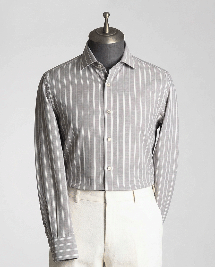 Grey & White Horizontal Stripe Button-Down Shirt - Viscos Cotton