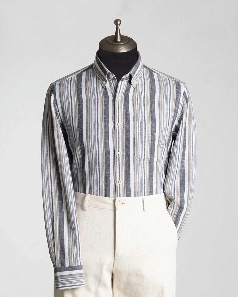 Beige & Ash Horizontal Stripe Button-Down Shirt - Remi Cotton