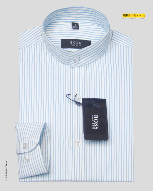 White & Teal Stripe Fullsleve Band Collar Shirt