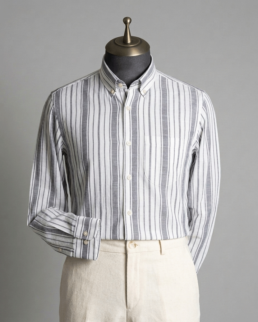 Beige White & Ash Horizontal Stripe Button-Down Shirt - Fancy Cotton