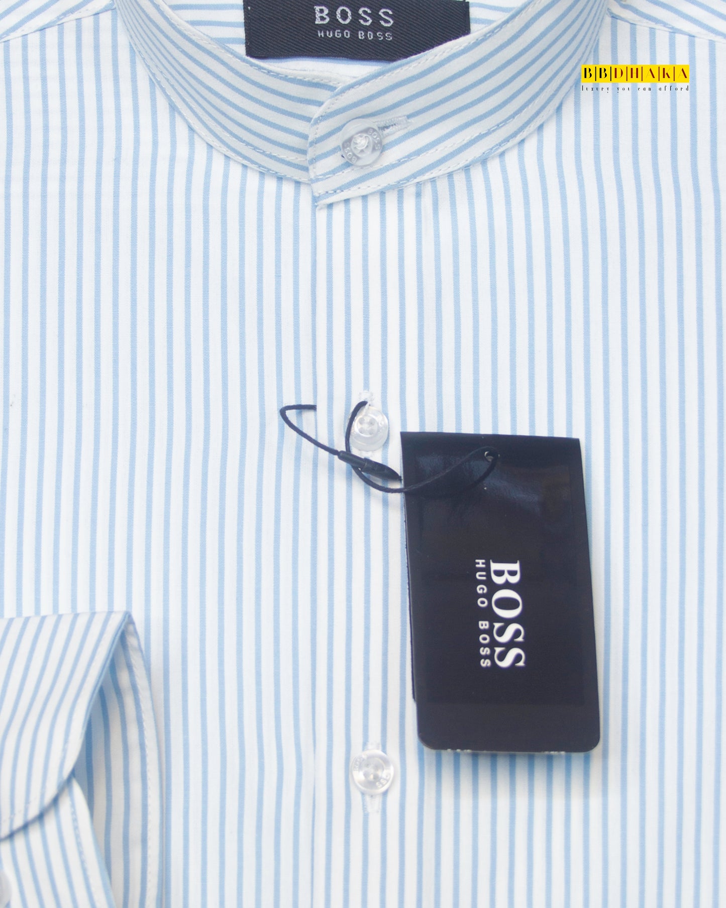 White & Teal Stripe Fullsleve Band Collar Shirt