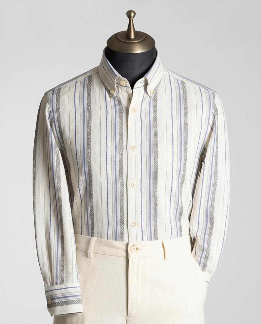 Beige Grey & Blue Horizontal Stripe Button-Down Shirt - Yarn Work