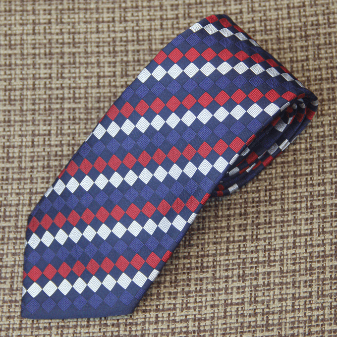 Navy Blue, Red and White Geometric Check Tie