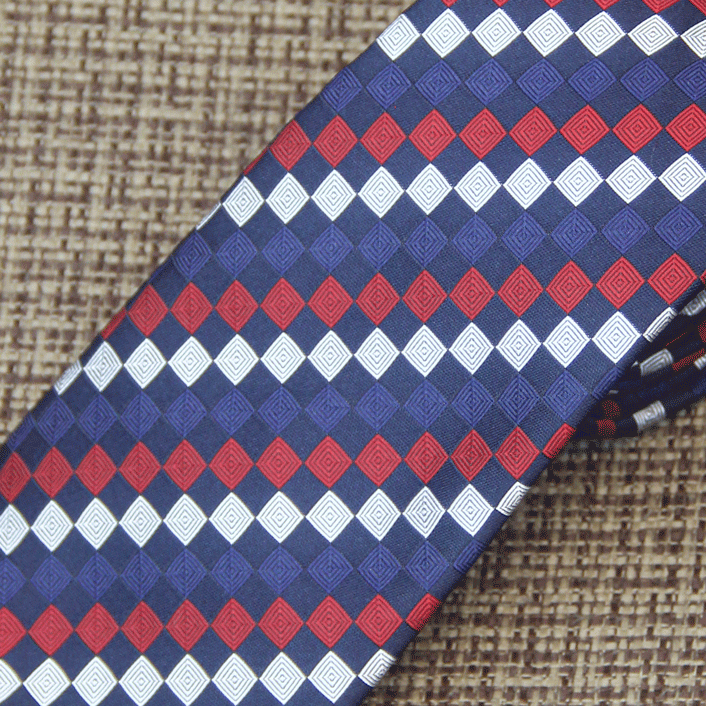 Navy Blue, Red and White Geometric Check Tie