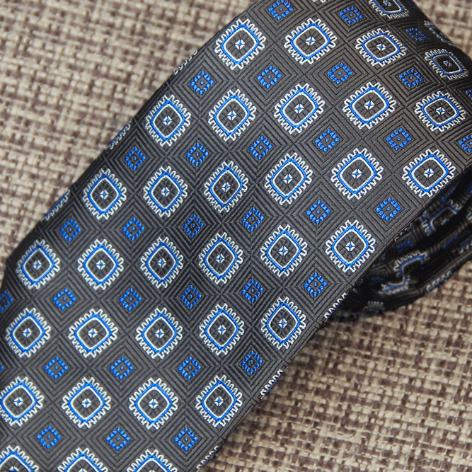 Charcoal Gray, Royal Blue & White Medallion Tie