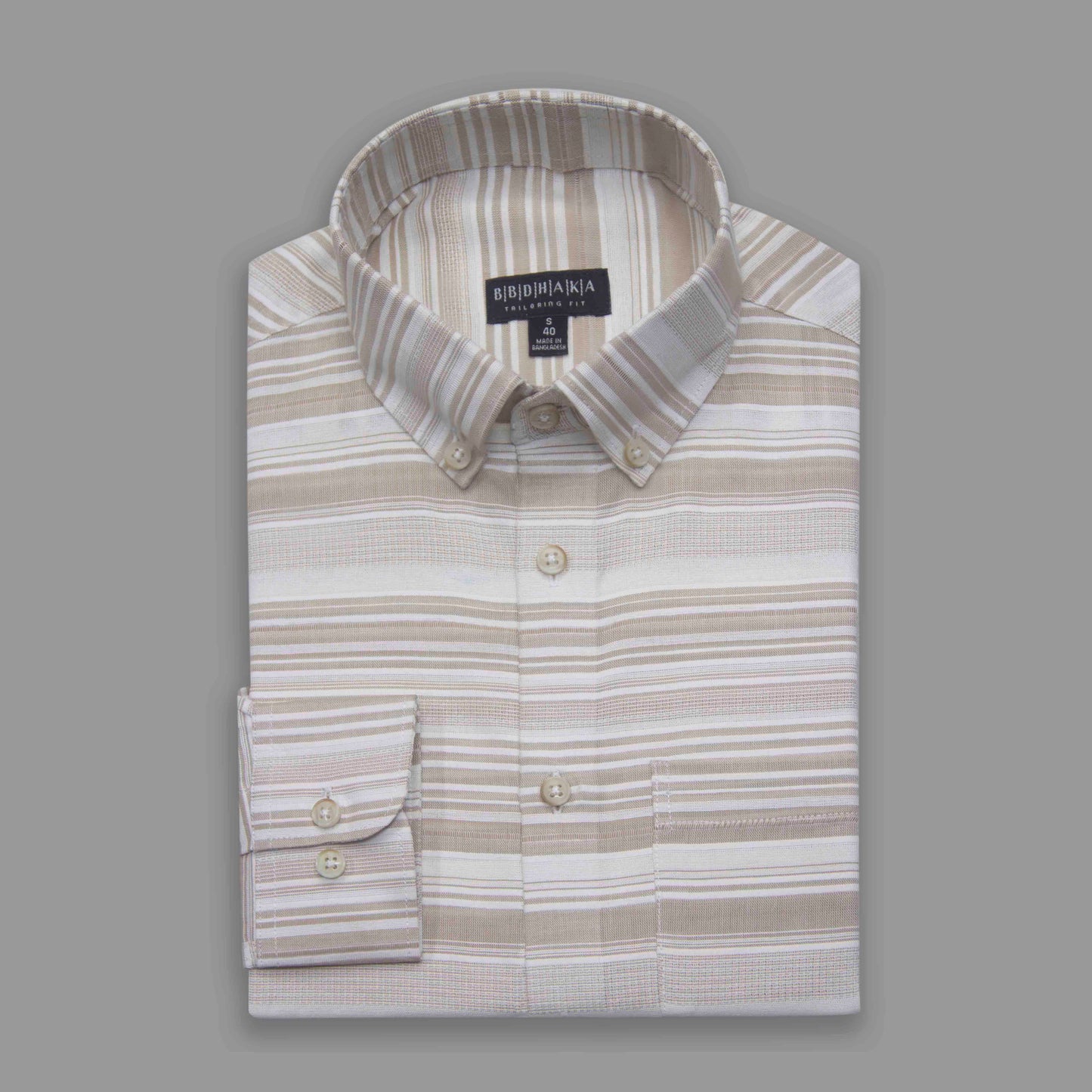 Beige & Grey Vertical Stripe Button-Down Shirt - Yarn Work