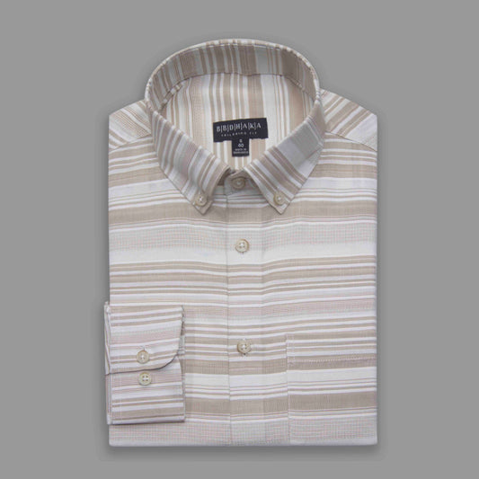 Beige & Grey Vertical Stripe Button-Down Shirt - Yarn Work