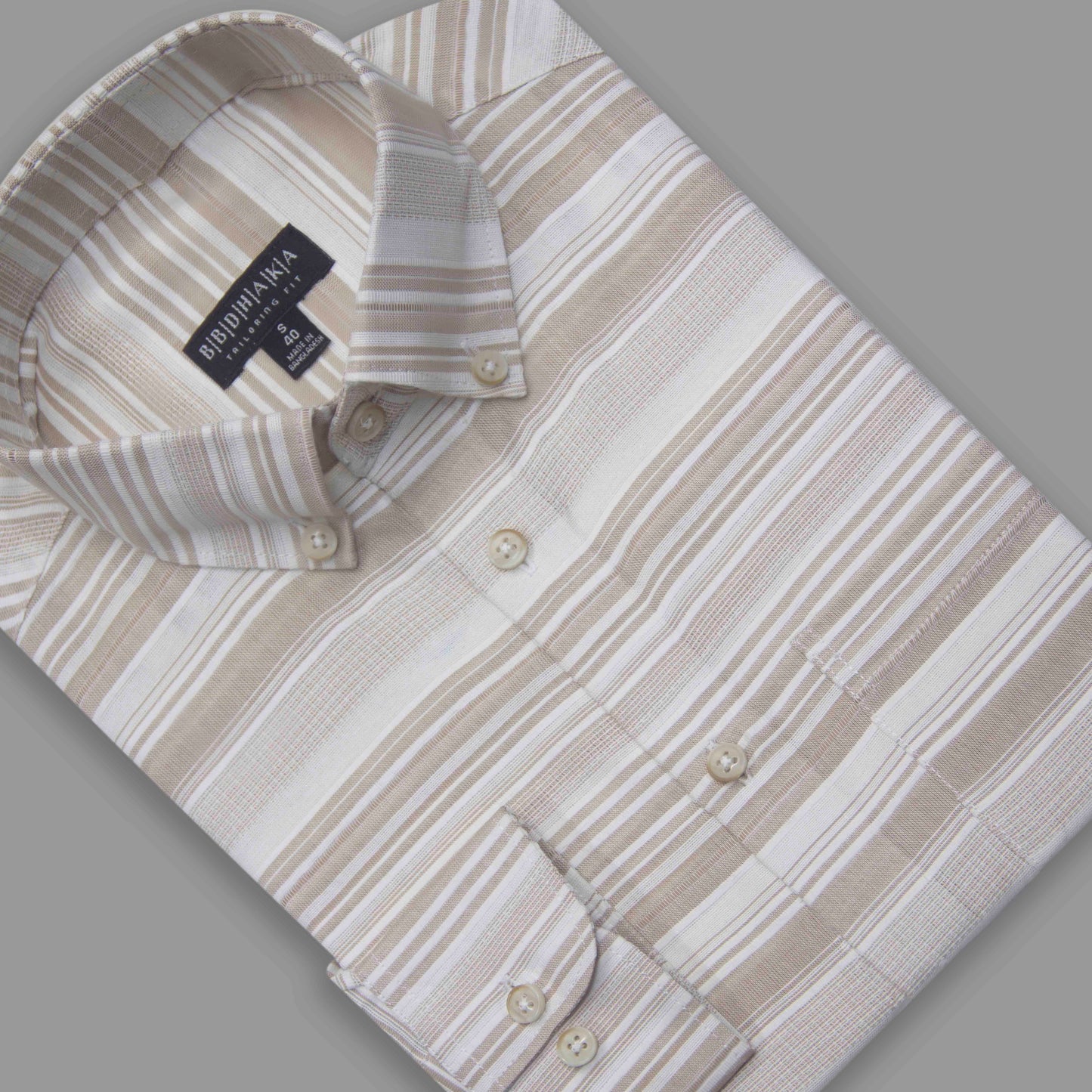 Beige & Grey Vertical Stripe Button-Down Shirt - Yarn Work